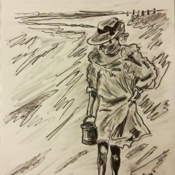 Drawing titled "La plage, femme qui…" by Rodolphe Lavayssiere, Original Artwork, Ink