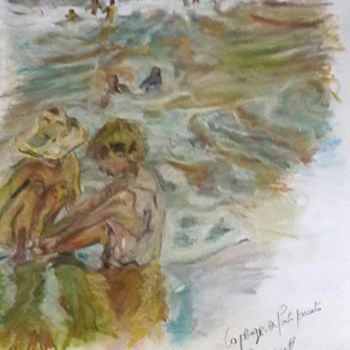 Tekening getiteld "La plage, enfants j…" door Rodolphe Lavayssiere, Origineel Kunstwerk, Conté
