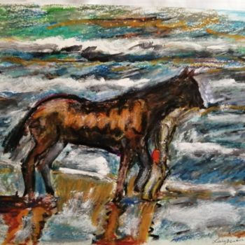Drawing titled "Cheval bord de mer" by Rodolphe Lavayssiere, Original Artwork, Pastel