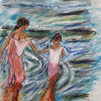 Drawing titled "2 sœurs sur la plage" by Rodolphe Lavayssiere, Original Artwork, Pastel