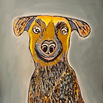 Painting titled "Le chien de l abbe…" by Rodolphe Quinet, Original Artwork, Oil Mounted on Wood Stretcher frame