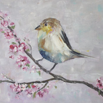 Картина под названием "Птичка на ветке Ois…" - Karina Roenko, Подлинное произведение искусства, Масло
