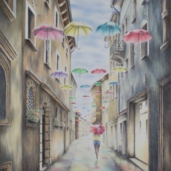 Malerei mit dem Titel "UmbrellaStreet" von Ronald Firla, Original-Kunstwerk, Conté-Buntstifte