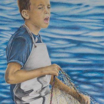 Malerei mit dem Titel "FischerJunge" von Ronald Firla, Original-Kunstwerk, Conté-Buntstifte