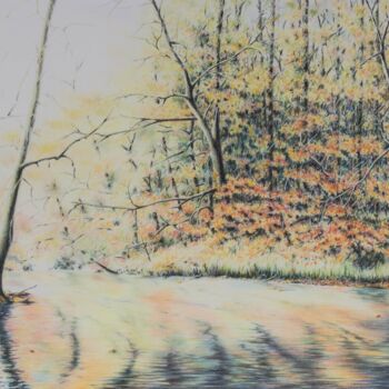 Malerei mit dem Titel "Herbstmorgen am Bach" von Ronald Firla, Original-Kunstwerk, Conté-Buntstifte