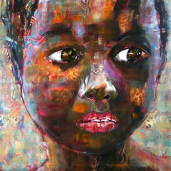 Painting titled "L'enfant africain" by Roger Boubenec, Original Artwork, Oil Mounted on Wood Stretcher frame