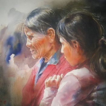 Pintura titulada "niña y anciana" por Rogger Oncoy, Obra de arte original