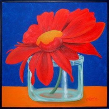 Painting titled "Red Daisy" by Leslie Rohonczy, Original Artwork, Oil