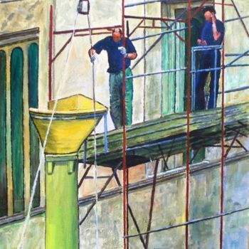 Painting titled "Unwary bricklayers" by Rolando Lambiase, Original Artwork, Oil