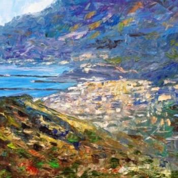 Pittura intitolato "Sea town with mount…" da Rolando Lambiase, Opera d'arte originale, Olio