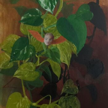 Painting titled "plante et ange." by Roland Gschwind, Original Artwork, Gouache Mounted on Wood Panel