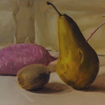 Painting titled "Fruits et légume." by Roland Gschwind, Original Artwork, Oil Mounted on Cardboard