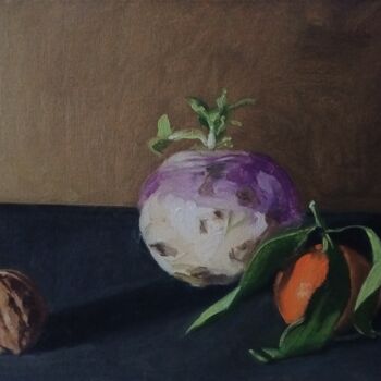 Painting titled "Still life" by Roland Gschwind, Original Artwork, Oil Mounted on Cardboard