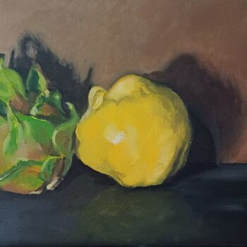 Painting titled "Fruit dragon, coing." by Roland Gschwind, Original Artwork, Oil Mounted on Cardboard