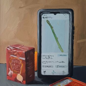 Painting titled "L'asperge" by Roland Gschwind, Original Artwork, Oil Mounted on Cardboard