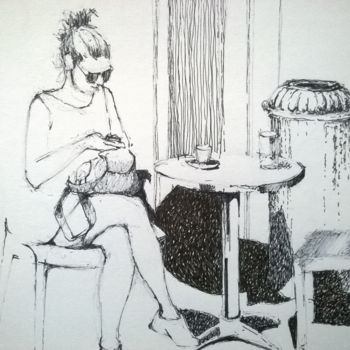Tekening getiteld "Café en terrasse" door Roland Guyomard, Origineel Kunstwerk, Marker
