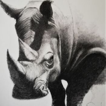 Zeichnungen mit dem Titel "Rhino 2" von Roland Guyomard, Original-Kunstwerk, Kohle