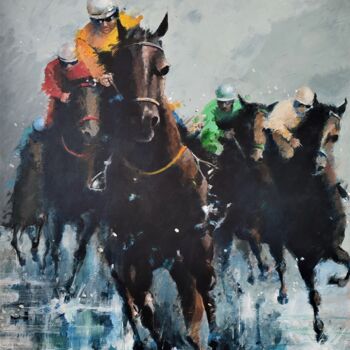 Картина под названием "chevaux sous la plu…" - Roland Guyomard, Подлинное произведение искусства, Акрил