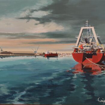 Pittura intitolato "Cargo rouge St Malo" da Roland Guyomard, Opera d'arte originale, Acrilico
