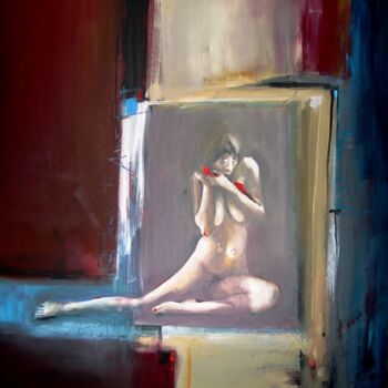Painting titled "the girl with the r…" by Rolf Stocker, Original Artwork, Acrylic Mounted on Wood Stretcher frame