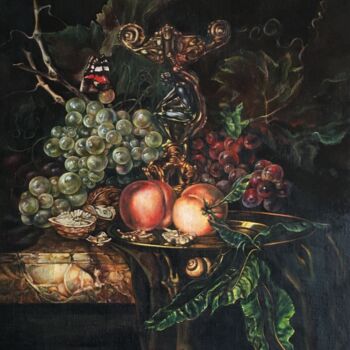 Peinture intitulée "натюрморт виноград…" par Roma Las Kov, Œuvre d'art originale, Huile Monté sur Autre panneau rigide