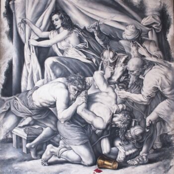 Painting titled "злодеяния далилы" by Roma Las Kov, Original Artwork, Oil Mounted on Wood Panel