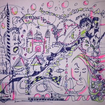 Dibujo titulada "Strange City" por Romain Mary, Obra de arte original, Rotulador