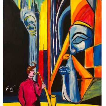 Картина под названием "Le saxophoniste mys…" - Romain Mary, Подлинное произведение искусства, Акрил