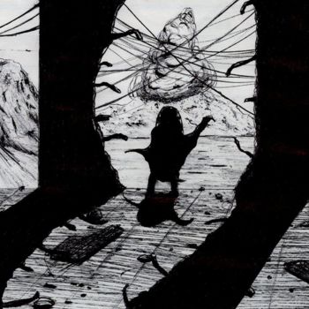 Tekening getiteld "Destruction" door Romain Rousseau, Origineel Kunstwerk, Balpen