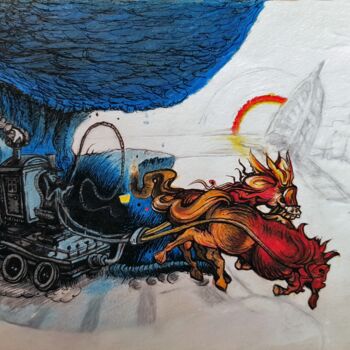 Dessin intitulée "The carriage of hell" par Roman, Œuvre d'art originale, Encre