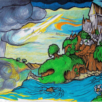 Drawing titled "Dramatic landscape…" by Roman, Original Artwork, Ink