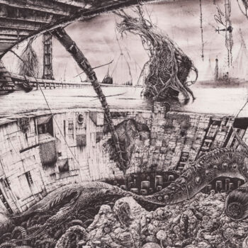 Dessin intitulée "Оживающая гавань" par Roman Bocharov, Œuvre d'art originale, Encre