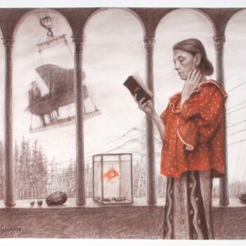 Drawing titled "Lady with a fish" by Roman Ivanishchev, Original Artwork, Pencil Mounted on Plexiglass