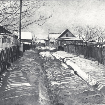 Рисунок под названием "Зимняя улица" - Роман Малышев, Подлинное произведение искусства