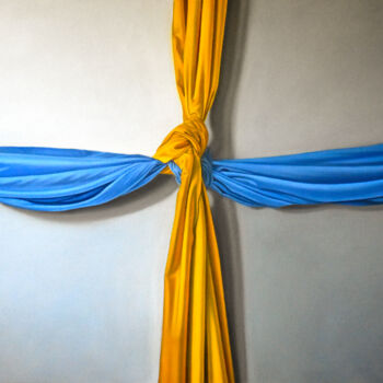 Malerei mit dem Titel "Yellow-blue crucifix" von Roman Rembovsky, Original-Kunstwerk, Öl Auf Holzplatte montiert