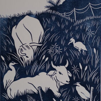 印花与版画 标题为“Héron garde-boeuf” 由Romane Kleindienst, 原创艺术品, Linocuts