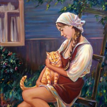 Painting titled "Girl with a cat, te…" by Roman Fedosenko, Original Artwork, Oil