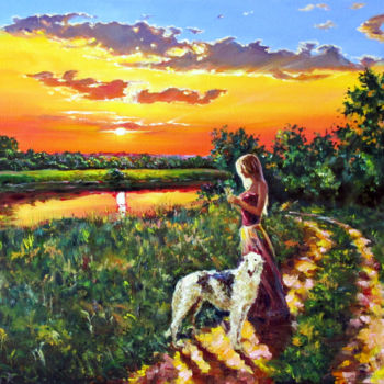Painting titled "A walk by the river…" by Roman Fedosenko, Original Artwork, Oil