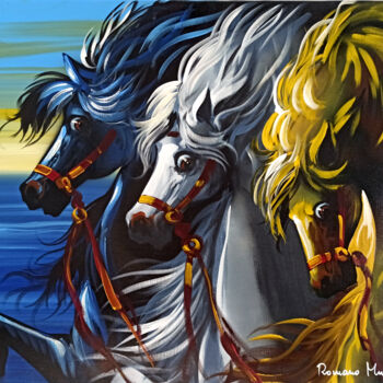 Painting titled "Three horses on the…" by Romano Mussolini, Original Artwork, Oil Mounted on Wood Stretcher frame