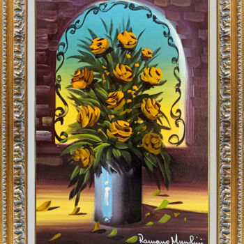 Painting titled "Vase with yellow ro…" by Romano Mussolini, Original Artwork, Oil Mounted on Wood Stretcher frame