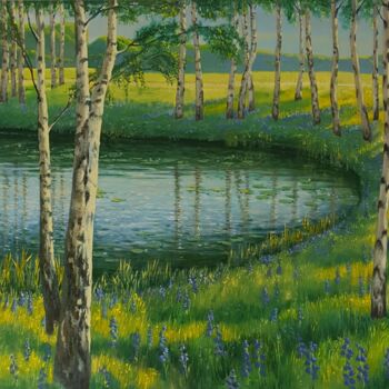 Painting titled "Birch grove" by Romans Ivanovskis, Original Artwork, Oil
