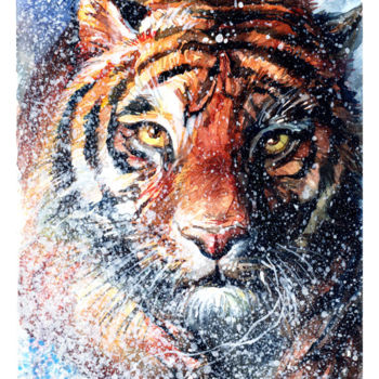 Картина под названием "Tiger (Watercolor)" - Raileanu Romeo, Подлинное произведение искусства