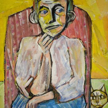 Painting titled "Woman with her cat" by Ron Kammer, Original Artwork, Acrylic