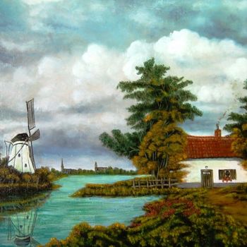 Картина под названием ""Huis aan een rivie…" - Ronald Van Genechten, Подлинное произведение искусства, Масло