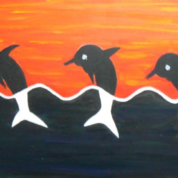 Painting titled "trois dauphins" by Dominique Rondeau, Original Artwork, Acrylic