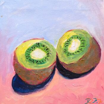 Painting titled "Kiwi" by Rosa M Fernández, Original Artwork, Oil Mounted on Wood Stretcher frame