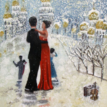 Painting titled "tango sotto la neve" by Rmprotopapa, Original Artwork, Encaustic Mounted on Wood Stretcher frame