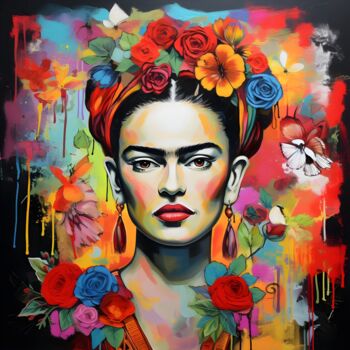 Digital Arts titled "Frida umringt von B…" by Rosa Piazza, Original Artwork, AI generated image Mounted on Plexiglass