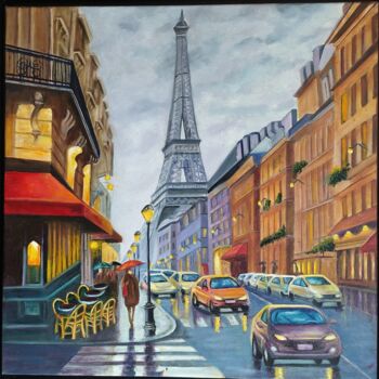 Peinture intitulée "Lluvia en París" par Rosa M Fernández, Œuvre d'art originale, Huile Monté sur Châssis en bois