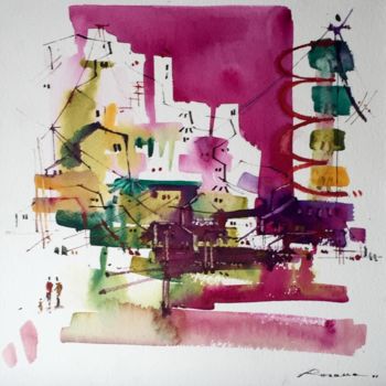 Pintura titulada "Casas magenta" por Rosana Soriano, Obra de arte original, Acuarela